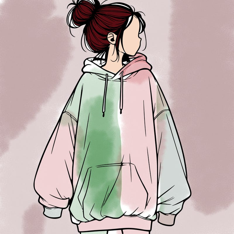 realistic girl with a oversized sweatshirt on and a bun