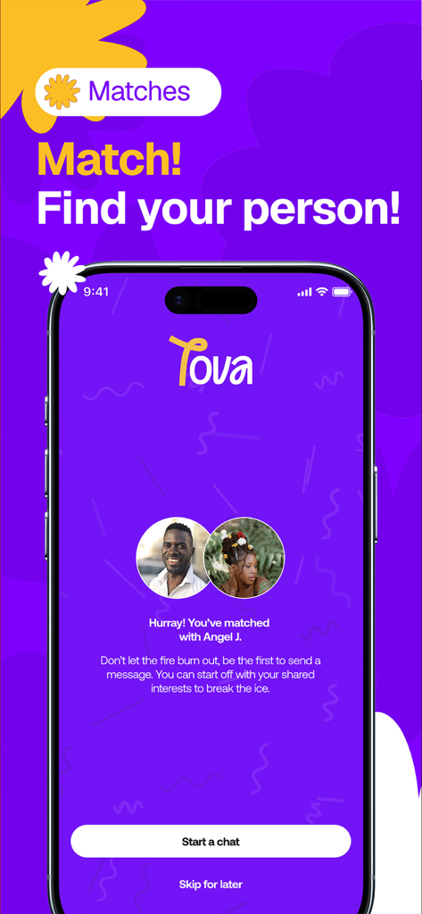 Tova Dating - Match notification screen on the Tova dating app showing two members