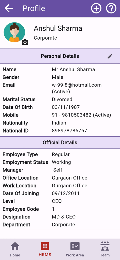 EazeWork HR and Payroll app screen showing a detailed employee profile with personal and official information.