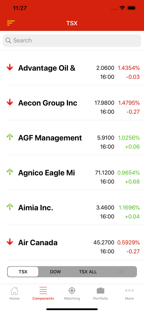Stocks TSX Index Canada Lite - A mobile application interface displaying a list of Toronto Stock Exchange stock components with their current prices and percentage changes.