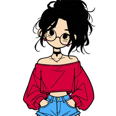 girl with a messy ponytail glasses a baggy crop top and jean shorts