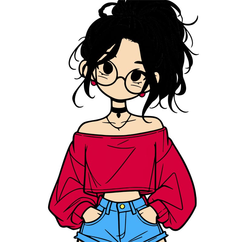 girl with a messy ponytail glasses a baggy crop top and jean shorts