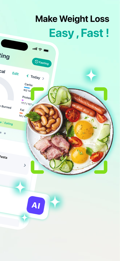 EasyFast - Calorie Counter - Interfaz de la aplicación EasyFast que muestra reconocimiento de alimentos por IA y seguimiento de macronutrientes para la pérdida de peso
