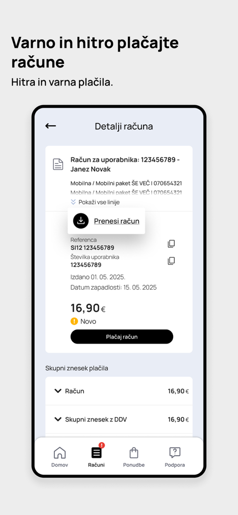 Telemach Slovenija - Telemach Slovenija app interface showing bill details and payment options