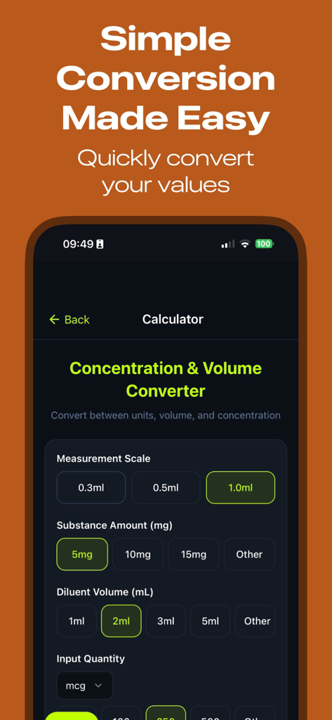 Peptide-Tracker - Peptide Tracker app interface showing a concentration and volume converter for dosing calculations.