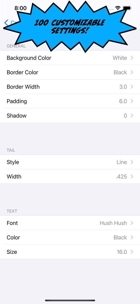 Comic Caption Meme Maker Lite - Customization menu for editing comic word bubbles and text settings.