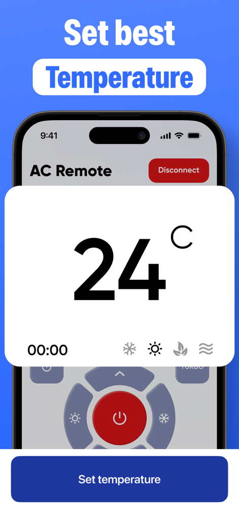 AC Remote: Universal Control. - Écran d'iPhone affichant l'application AC Remote avec la température réglée sur 24 degrés Celsius