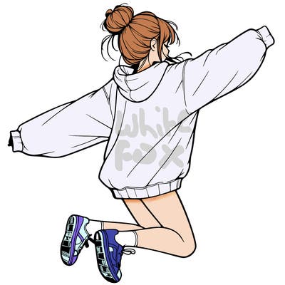 realistic girl jumping with a bun and oversized sweatshirt