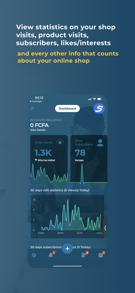Shoppy MarketSpace Seller - Shoppy MarketSpace Seller app dashboard showing shop views and subscriber statistics over fifty days
