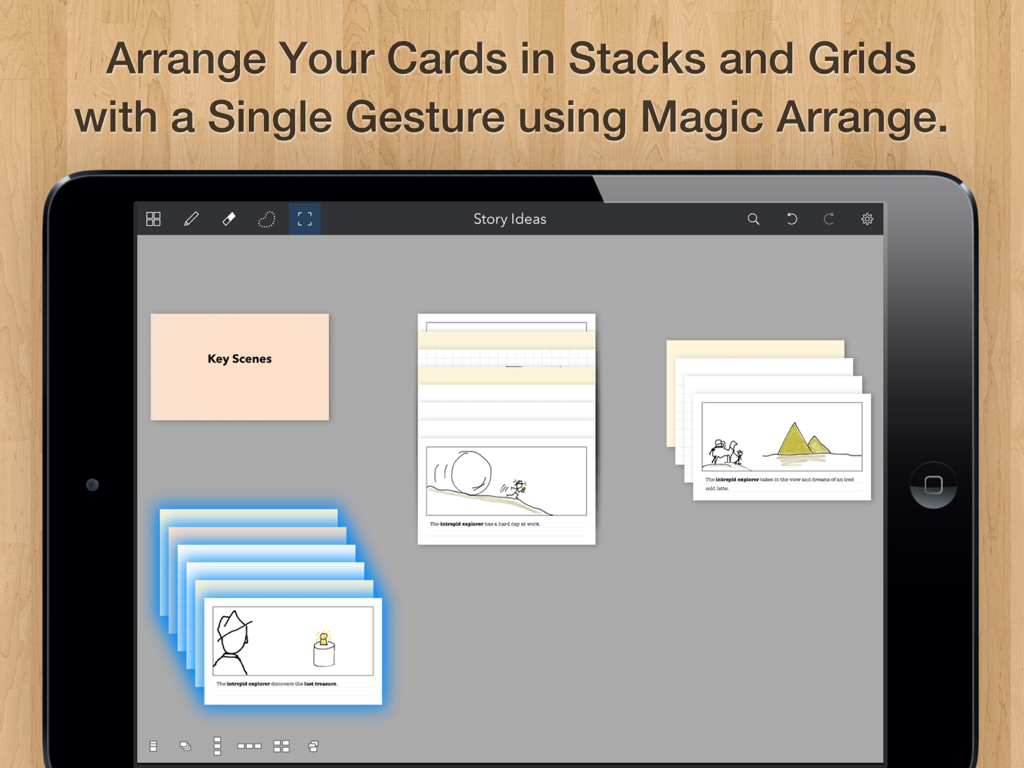 Cardflow Plus iPadアプリのインターフェース。インデックスカードがスタックやグリッドに整理されている様子が表示されている。
