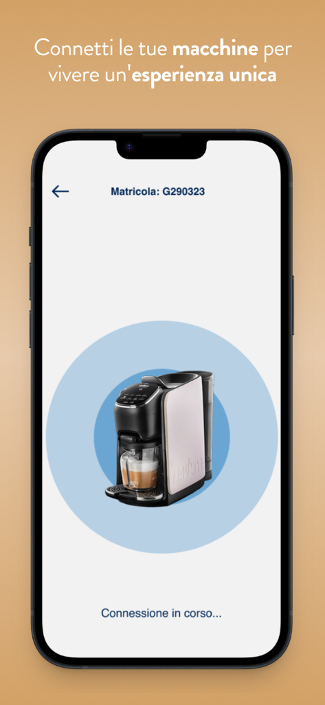 My Nims - Schermata dello smartphone che mostra l'app My Nims che si connette a una macchina da caffè Lavazza tramite Bluetooth