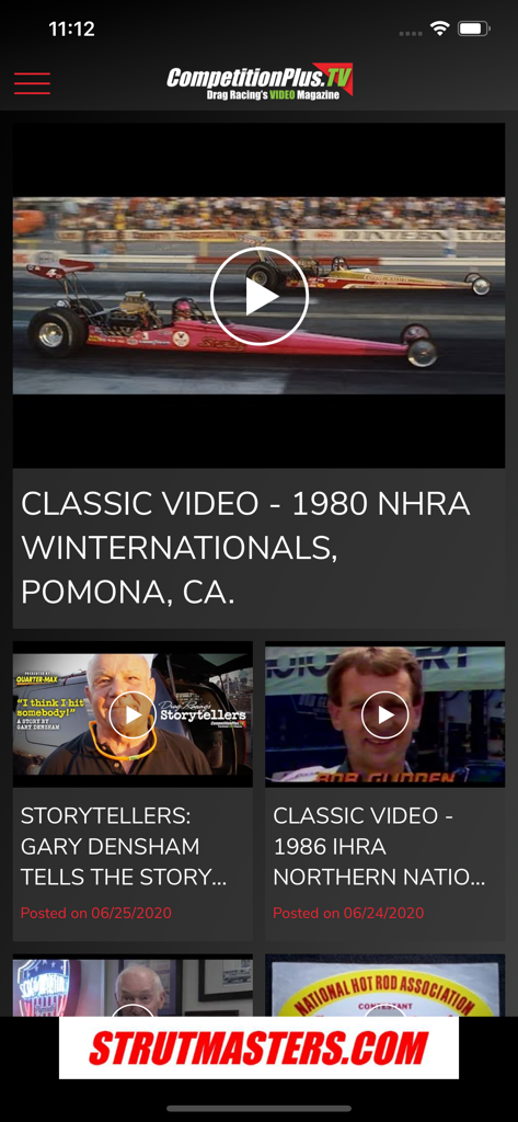 Competition Plus app interface showing a list of drag racing videos including classic NHRA and IHRA races