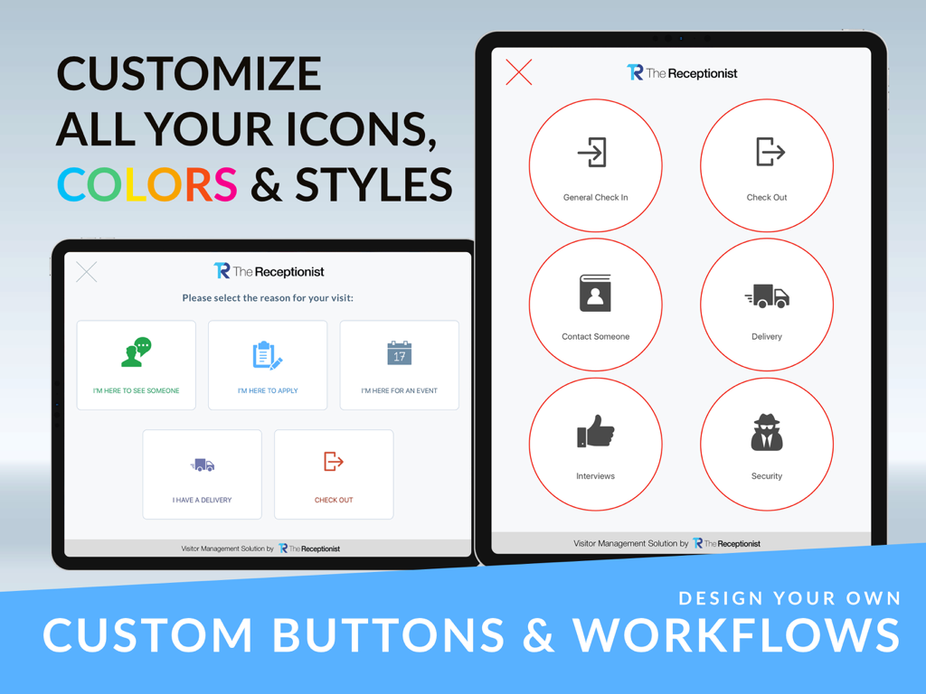 Customizable visitor check-in buttons and workflows on The Receptionist for iPad