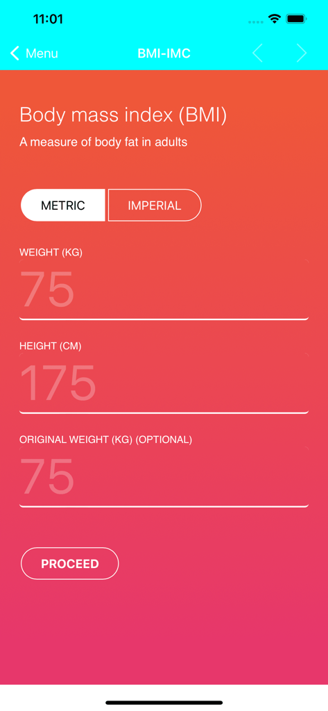 BMR Calculator Body Health - 체중과 키에 대한 체질량 지수 입력 필드를 보여주는 BMR 계산기 앱의 인터페이스
