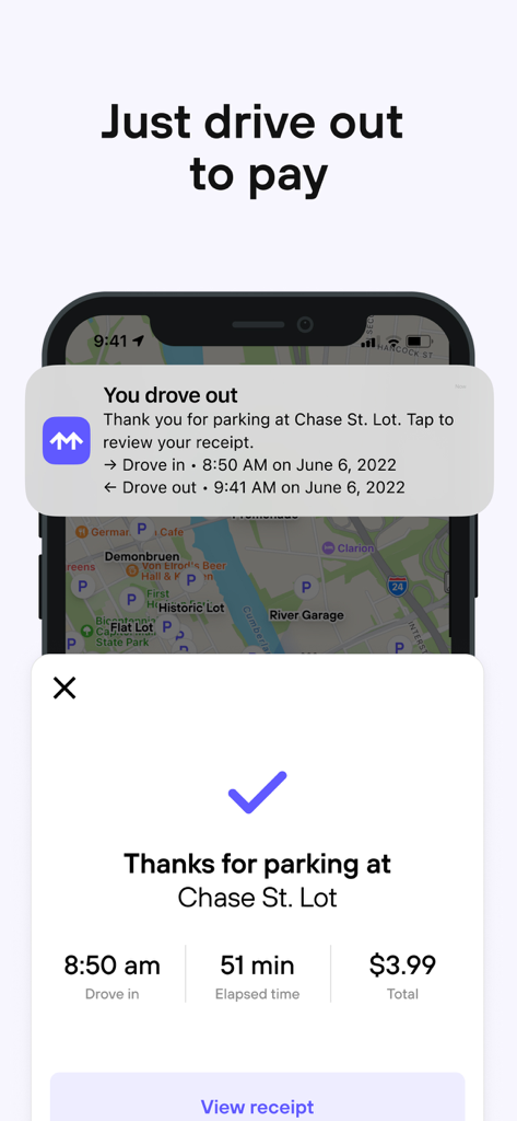 Interfaccia dell'app Metropolis che mostra la conferma di pagamento automatico all'uscita e il riepilogo della visita di parcheggio.