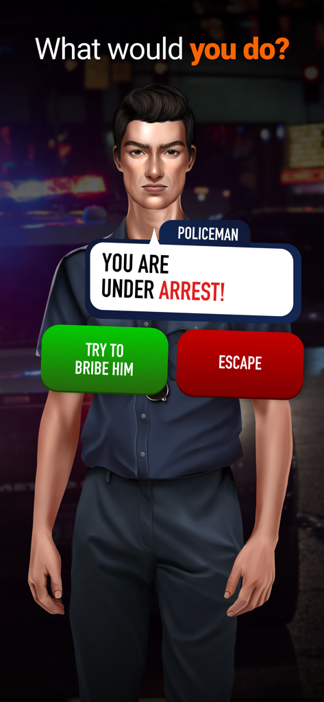 Choice-based gameplay in Crime Empire showing a police arrest scenario with options to bribe or escape