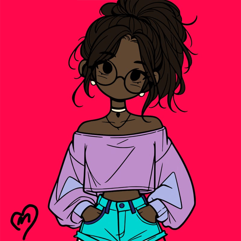 girl with a messy ponytail glasses a baggy crop top and jean shorts