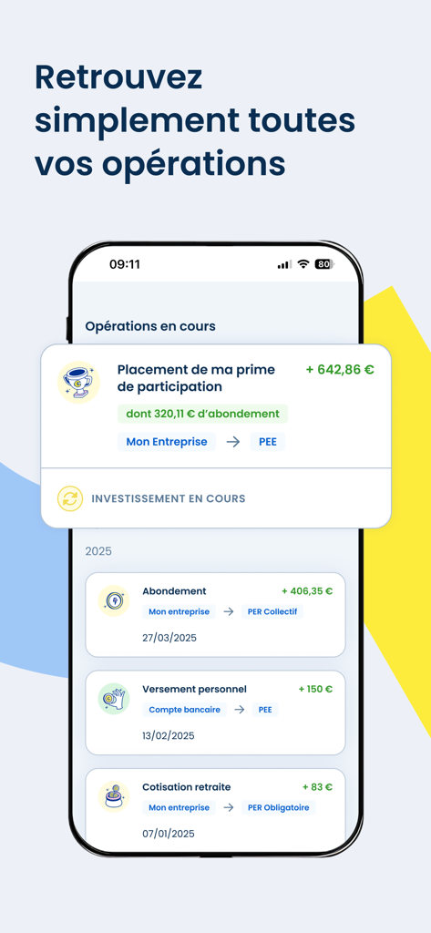 Epsor - Epsor mobile app screen displaying a list of ongoing and historical transactions for employee savings and pension plans.