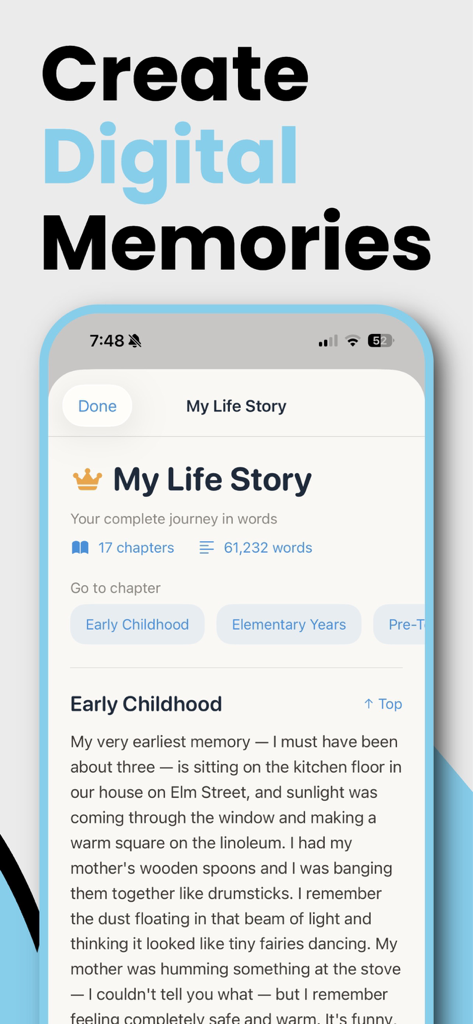 OverBiscuits - Smartphone mostrando la aplicación OverBiscuits con una historia de vida digital y capítulos de memorias