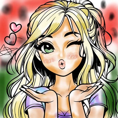 realistic girl winking and blowing a kiss while making heart hands