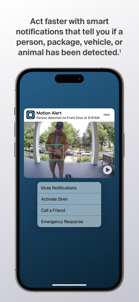 Smartphone screen showing an Arlo Secure motion alert with a video preview of a person detected at a front door