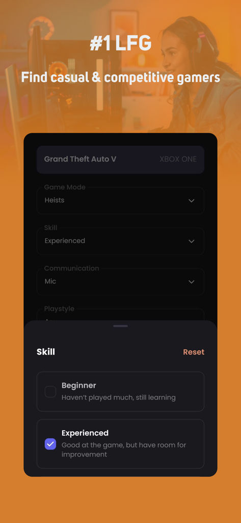 GamerLink LFG, Find Teammates! - L'interface de l'application GamerLink LFG affiche des filtres de recherche de coéquipiers basés sur le niveau de compétence et l'utilisation du microphone.