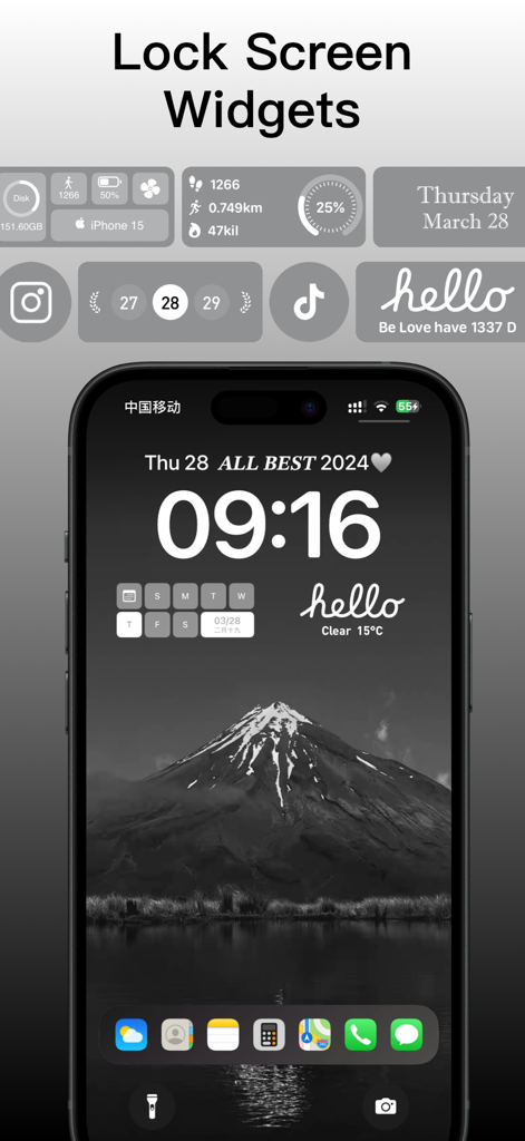 MoYo Widgets：Home/Lock Screen - Pantalla de bloqueo de iPhone monocromática personalizable con widgets de MoYo para salud, clima, calendario y estado del sistema