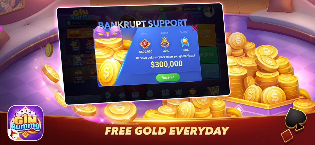 Gin Rummy Zingplay - Gin Rummy ZingPlay Bankrupt Support screen showing free gold rewards for players