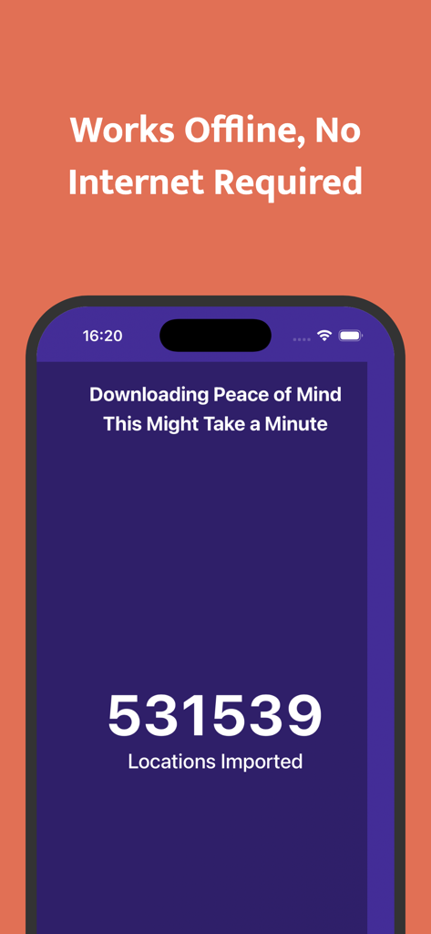 Smartphone screen showing the Toilet Finder app downloading over 500,000 locations for offline use.