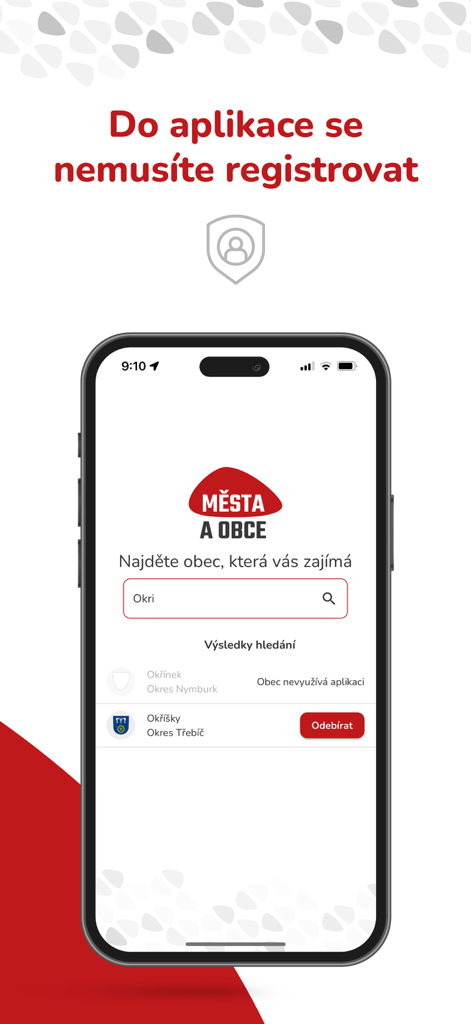 Města a obce - Interface of the Mesta a obce app showing a search bar for municipalities and a message about no registration required.