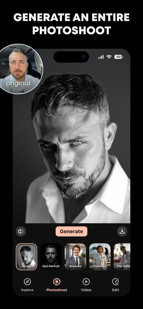 GIO - AI Headshot Generator - Interfaz de la aplicación GIO IA que muestra la generación de sesiones fotográficas profesionales con varios estilos