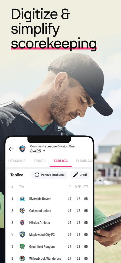 Interfaccia dell'app Torneo by Sofascore che mostra la classifica di lega comunitaria e le posizioni