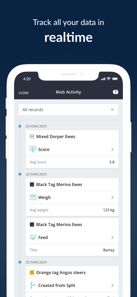 AgriWebb app interface showing real-time livestock mob activity records and data history