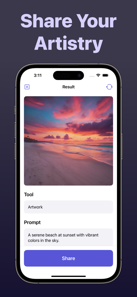 AI Image Generator - Flair - Interface of Flair AI app showing an AI-generated serene beach sunset with a share button