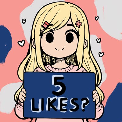 girl holding a sign that says 5 likes?