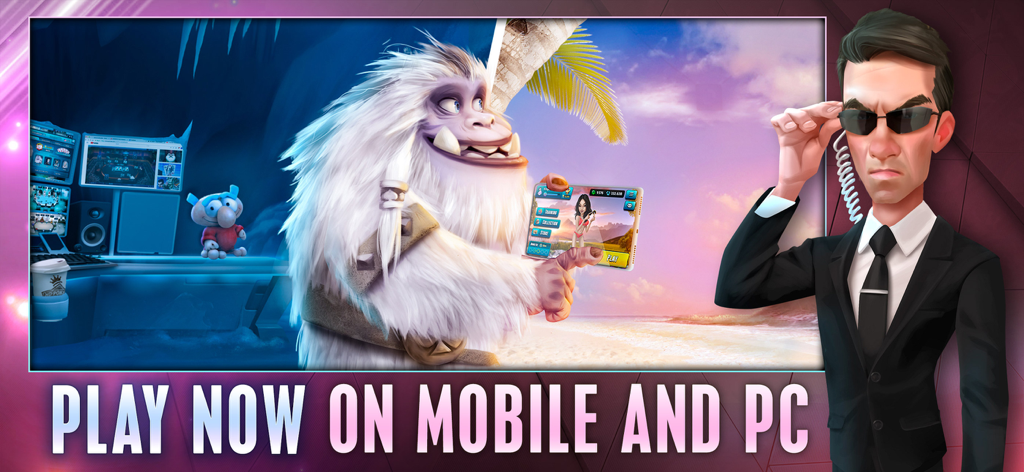 HD Poker: Texas Holdem - HD Poker characters yeti and secret agent promoting play on mobile and PC