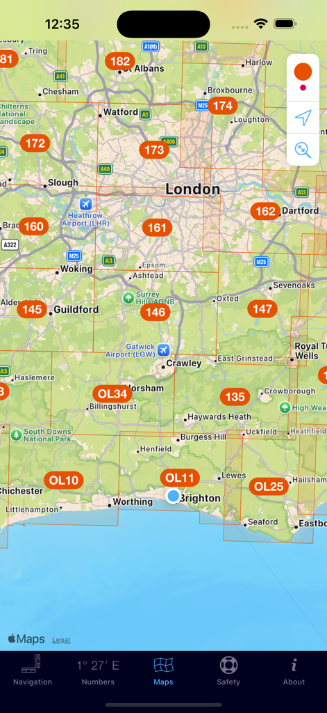 GridPoint GB - GridPoint GB app map screen showing Ordnance Survey map sheet numbers over Great Britain
