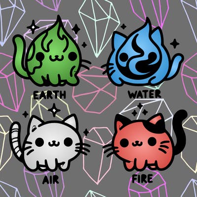 4 cats that represent the different elements, earth, water, air, and fire