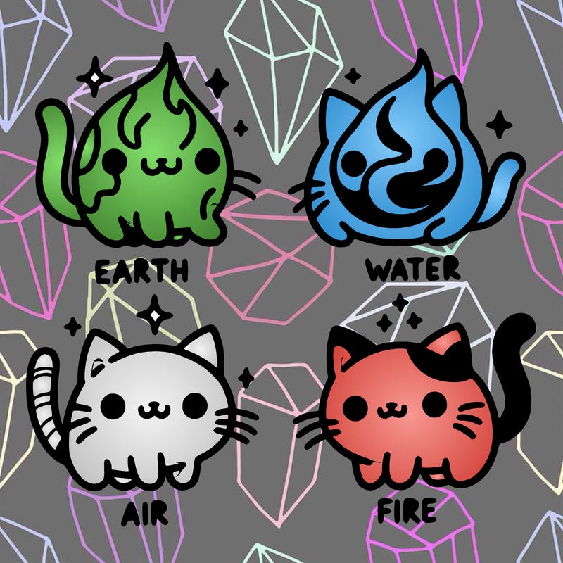 4 cats that represent the different elements, earth, water, air, and fire