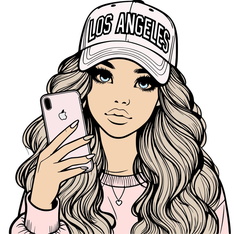 realistic beautiful girl wearing los ángeles cap holding an iphone