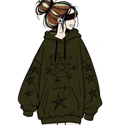 realistic girl with a oversized sweatshirt on and a bun