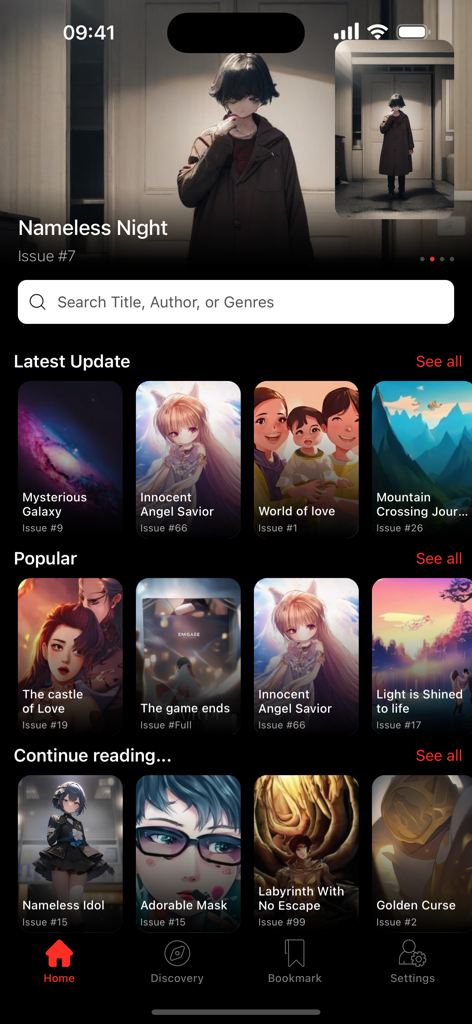Pantalla de inicio de la aplicación Manga Man que muestra las últimas actualizaciones y títulos de manga populares