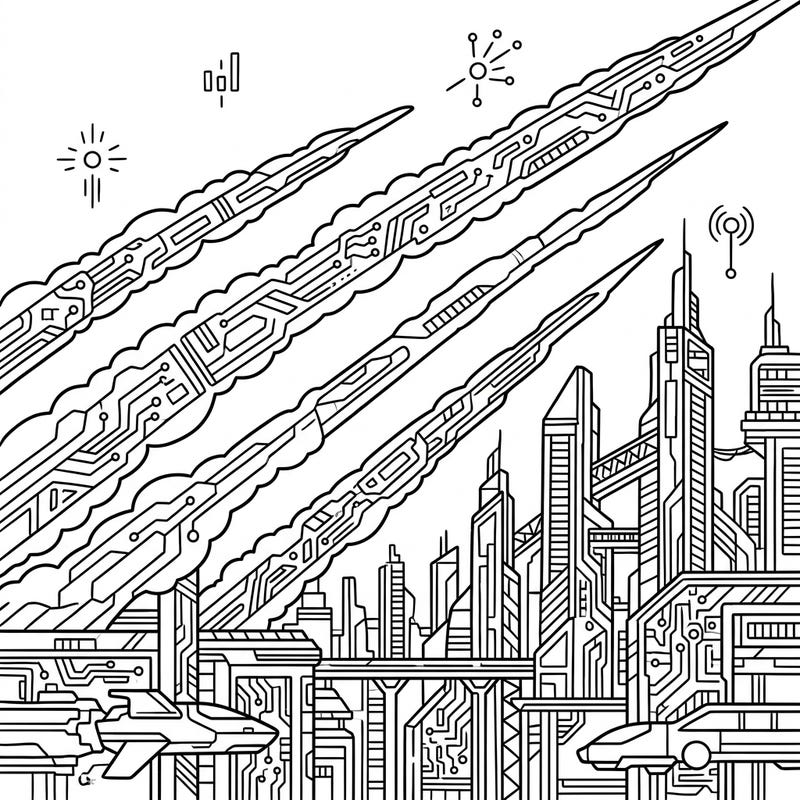 Embark on an epic coloring adventure with this unique Contrails x Cyberpunk design, where vapor trails meet futuristic cityscapes. Immerse yourself in a world of intricate circuit patterns and high-tech aesthetics, perfect for unleashing your creativity.