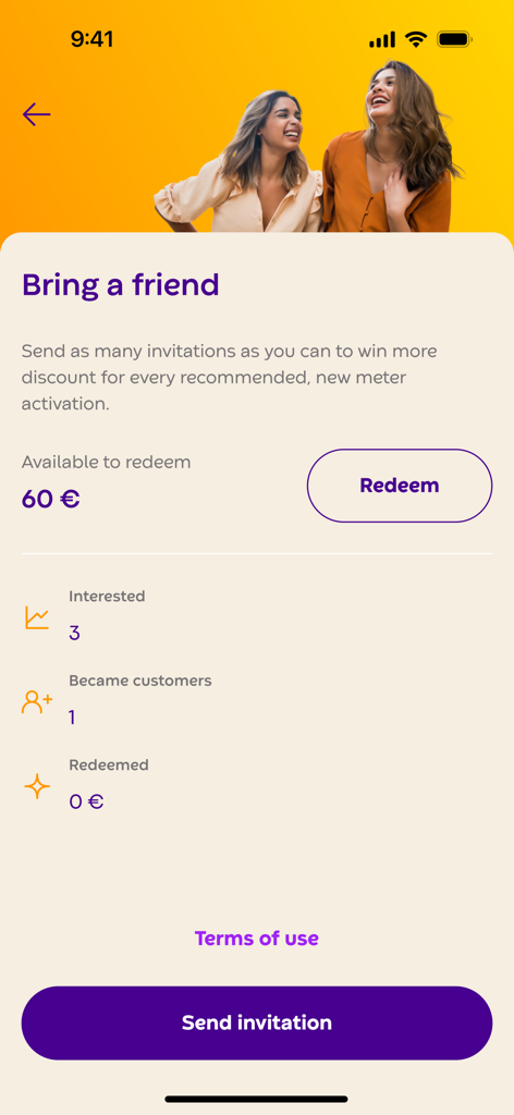 Protergia - Écran de l'application Protergia pour le programme de parrainage 'Invitez un ami' montrant les réductions accumulées et les options d'invitation.