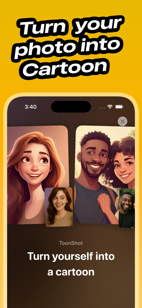 Cartoon Photo Editor ToonShot - Interface of ToonShot app showing real photos transformed into cartoon portraits.