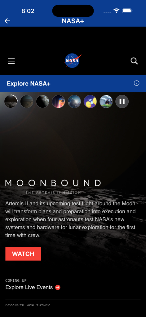 mySpaceHub - mySpaceHub interface showing the Moonbound Artemis mission on NASA plus
