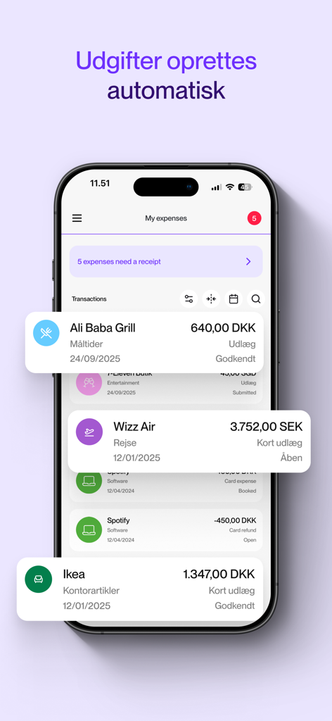 Zenegy Expense mobile app interface showing a list of automatically created business expenses on an iPhone