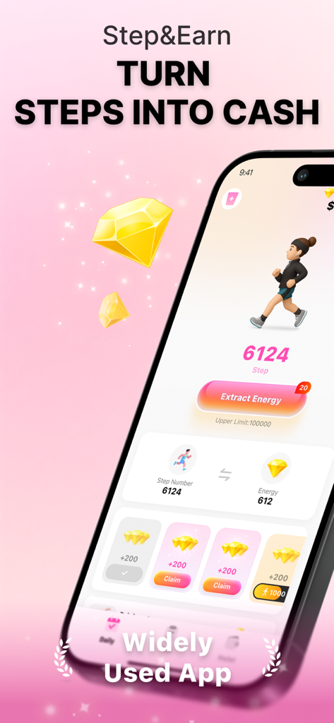 StepPay mobile app interface showing a step counter and rewards system to turn steps into cash