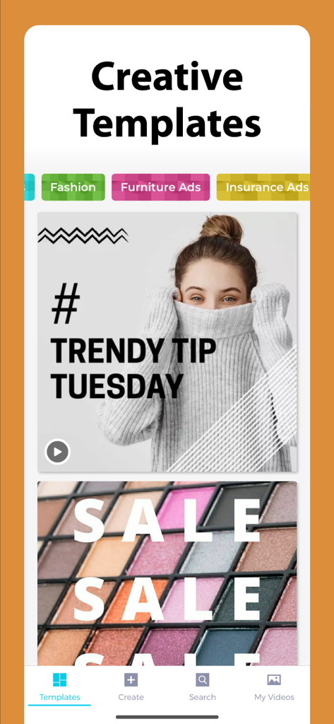 Marketing video maker app screen showing creative templates for fashion and sales advertisements.