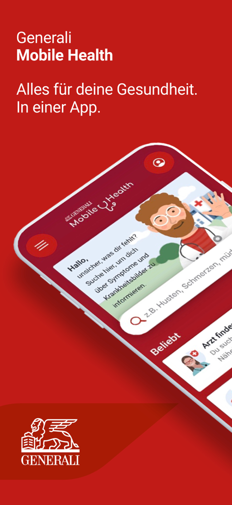 Generali Mobile Health - Pantalla promocional de la aplicación Salud Móvil Generali que muestra un verificador de síntomas y funciones de consulta médica en un smartphone